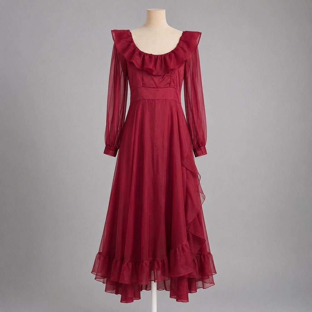 Vintage 70s Sheer Long Sleeve Peasant Dress Sz XS Red ILGWU Ruffle Gown Romantic